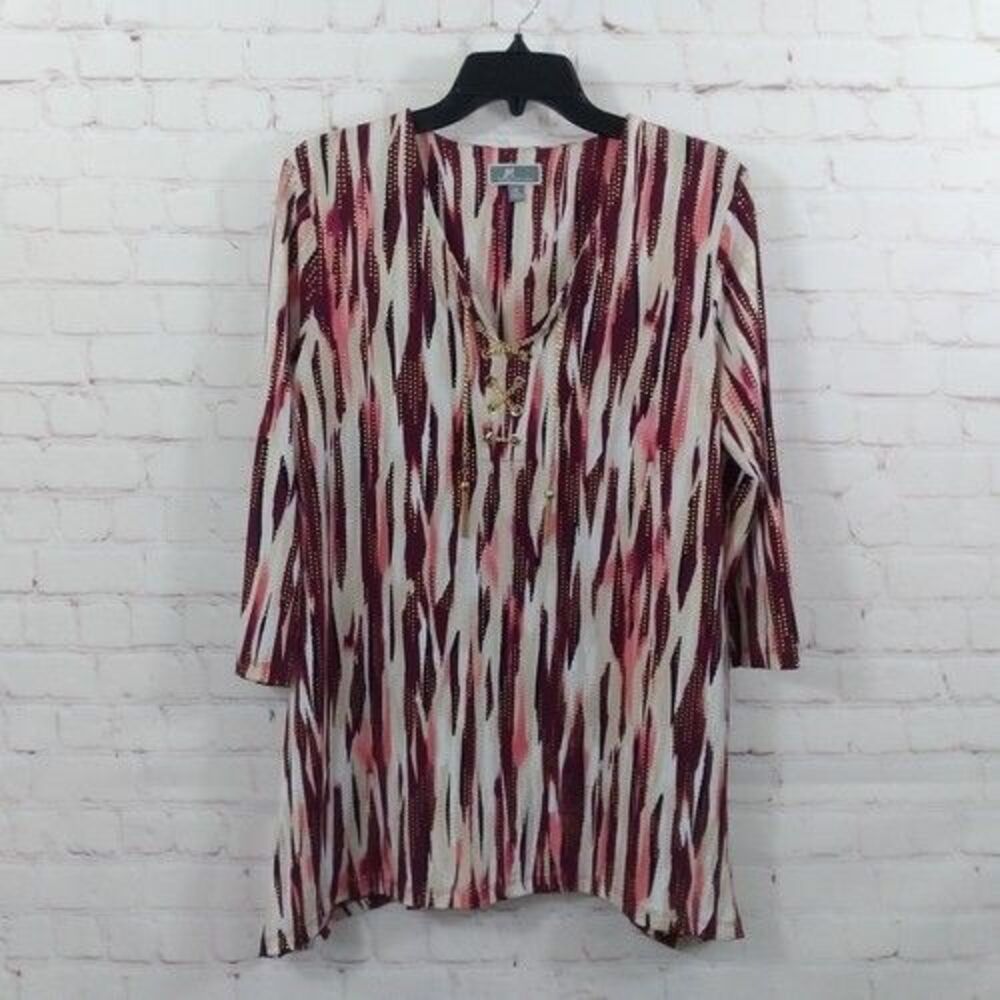 JM Collection Top Womens Medium Red Ivory Gold Striped Lace Up Chain Detail